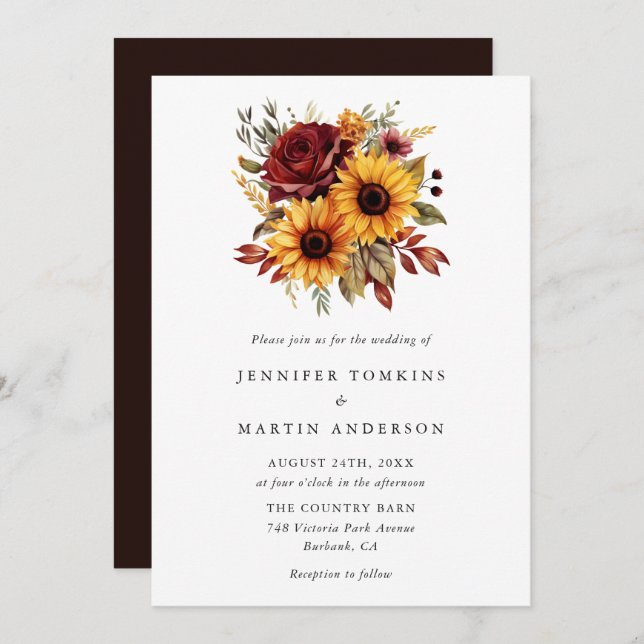 Invitation Automne Tournesol Rouge Rose Mariage Floral (Devant / Derrière)