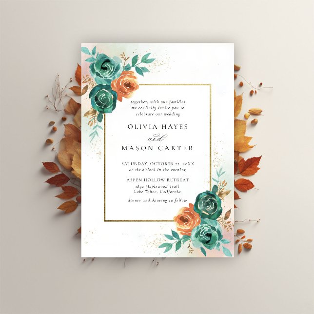 Invitation Automne Turquoise Burnt Orange Botanique Cadre Mar (fall wedding invitation teal burnt orange terracotta watercolor floral botanical earthy nature gold )