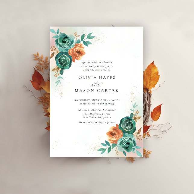 Invitation Automne Turquoise Burnt Orange Botanique Floral Ma (fall wedding invitation teal burnt orange terracotta watercolor floral botanical earthy nature)