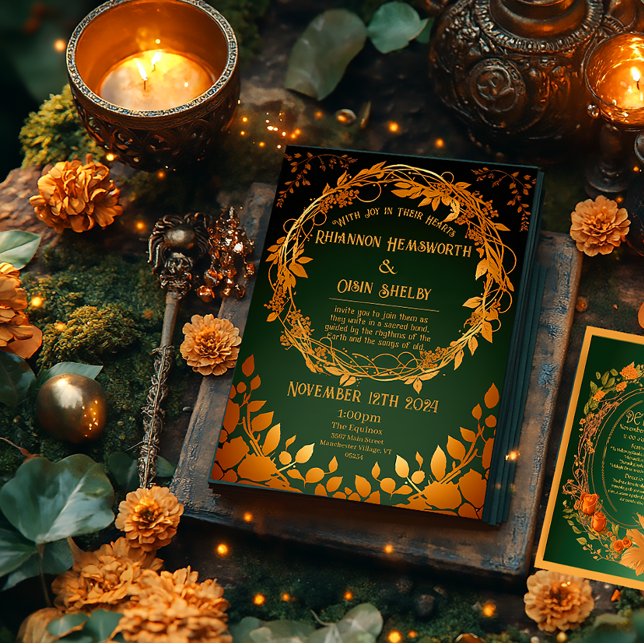 Invitation Automne vert et orange de Druid Hill (Druid Hill Autumn Wreath Green and Orange Wedding Invitation )