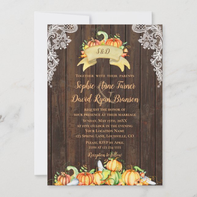 Invitation Automne Vintage dentelle de bois Citrouilles Maria (Devant)