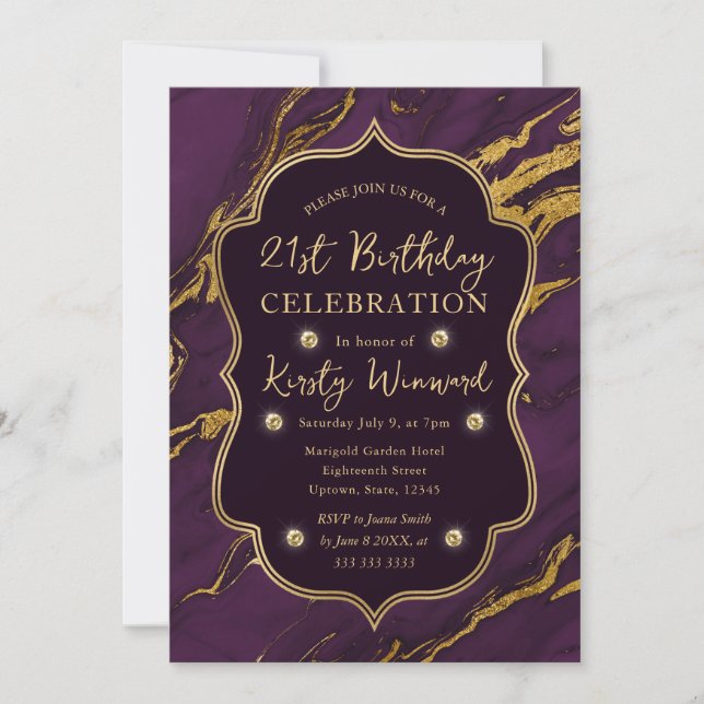 Invitation Automne Violet et Or 21e Anniversaire Marbre (Devant)