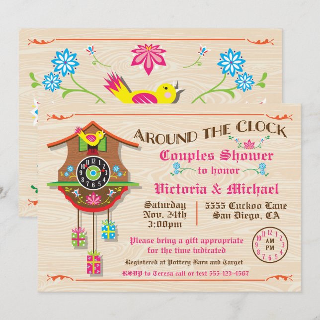 Invitation Autour de l'horloge Fête des mariées Folk art Cuck (Devant / Derrière)