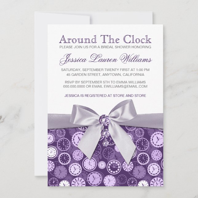 Invitation Autour De L'Horloge Fête des mariées violet Invita (Devant)