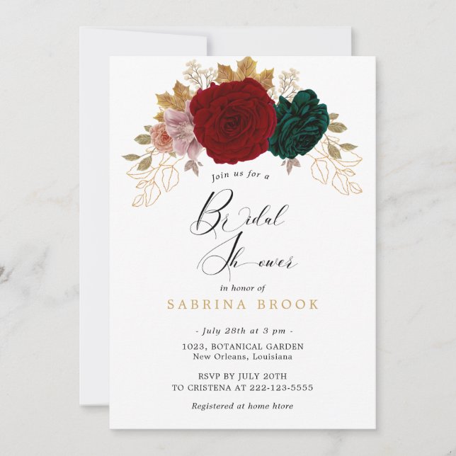 Invitation Autumanal Gold Burgundy Emerald Fête des mariées (Devant)