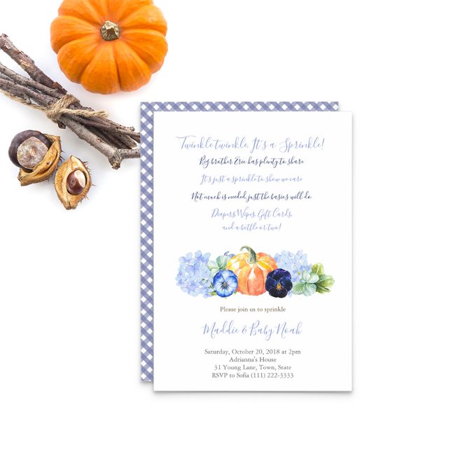 Invitation Autumn Baby Sprinking for Boy, fleurs bleues Citro (Country blue floral pumpkin Baby Sprinkle Party for boy invitation)