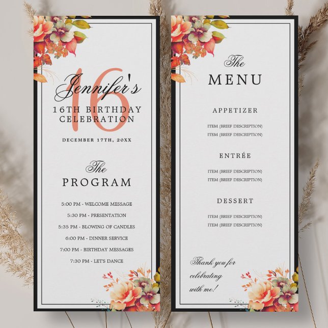 Invitation Autumn Fall Floral 16th Birthday Program Menu  (Autumn Fall Floral 16th Birthday Program Menu )