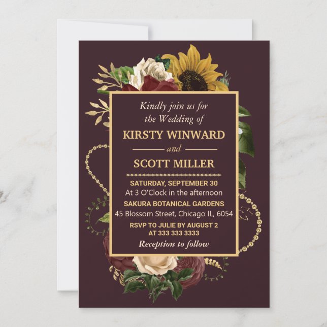 Invitation Autumn Fall Flowers Foliage Gold Wedding (Devant)