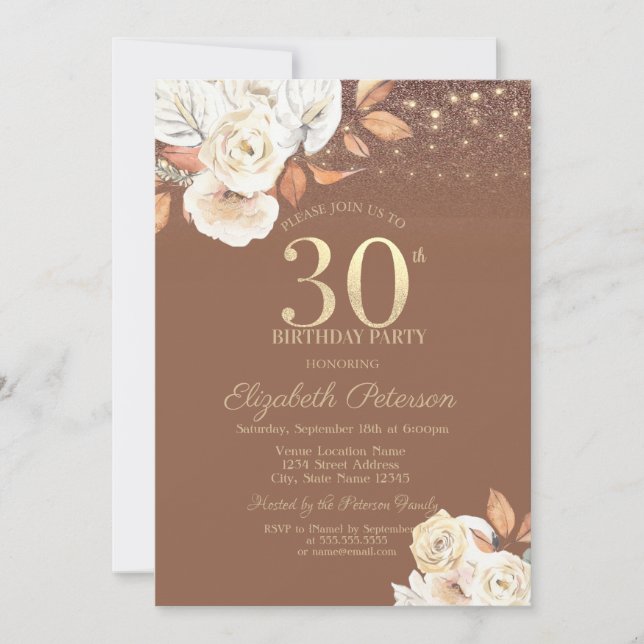 Invitation Autumn Flower Glitter Terracotta 30th Birthday (Devant)