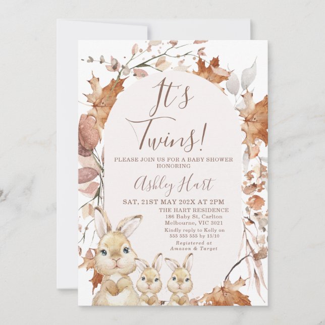 Invitation Autumn Foliing Twins Bunny Kittens Baby shower (Devant)