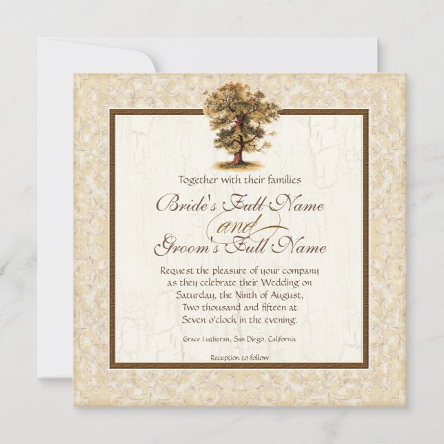 Invitation Autumn Oak Tree Roots Antiquaire Parchemin Mariage (Devant)