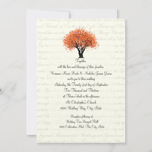 Invitation Autumn Tree Dancing Blooms et Text Design Mariage (Devant)