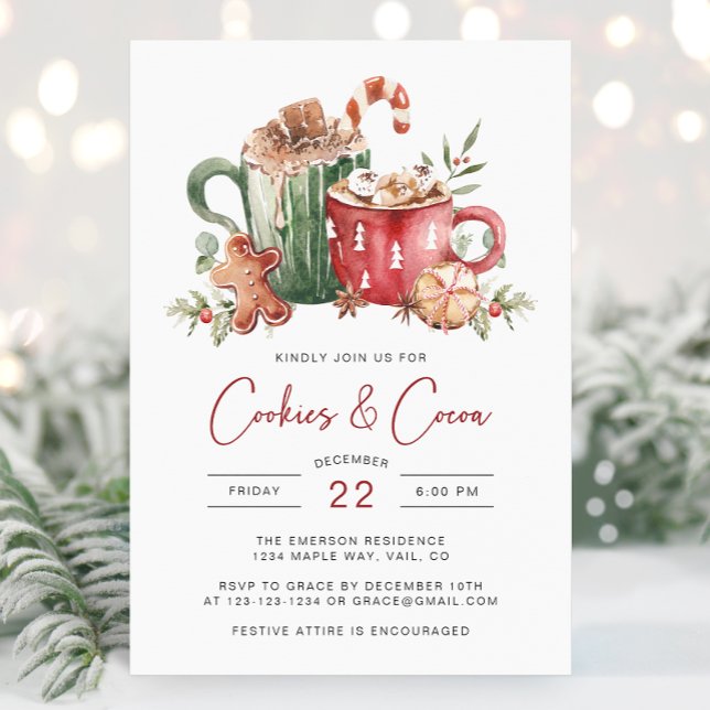 Invitation aux fêtes de Cookies (Cookies & Cocoa Christmas Invitation | Watercolor Holiday Party Invite by Painted Paperie)