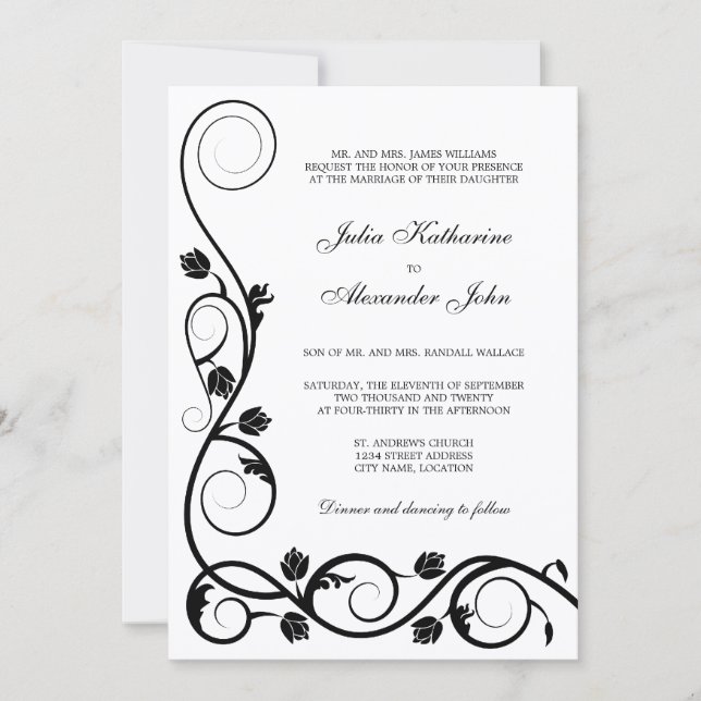 Invitation aux tourbillons élégants noir et blanc (Devant)