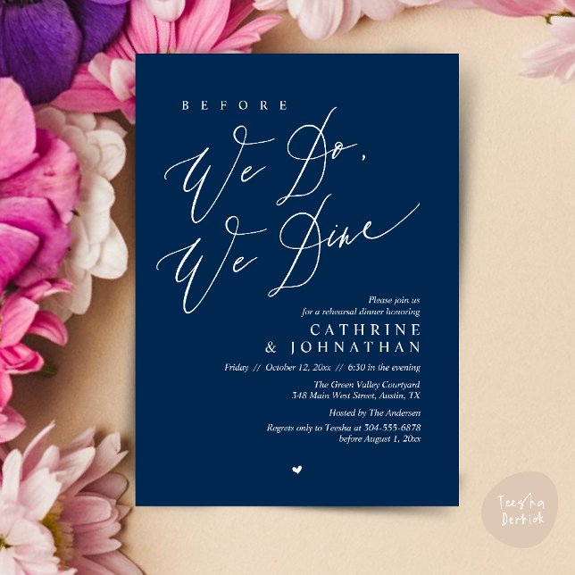 Invitation Avant de dîner, on dîne, Dîner de répétition Maria (Before we do, we dine, Modern Wedding Rehearsal Romantic Dinner Invitation Card PDF Navy Blue)