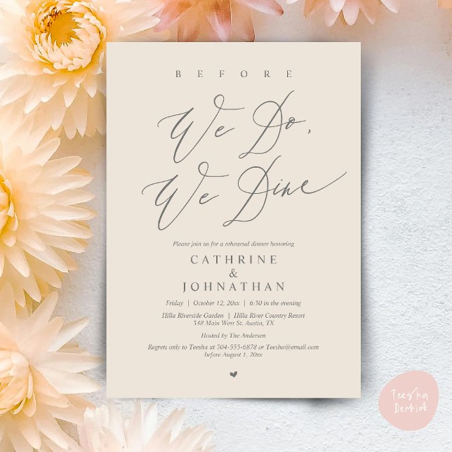Invitation Avant de dîner, on dîne, Dîner de répétition Maria (Before we do, we dine, Modern Wedding Rehearsal Romantic Dinner Invitation Card PDF Cream Grey)