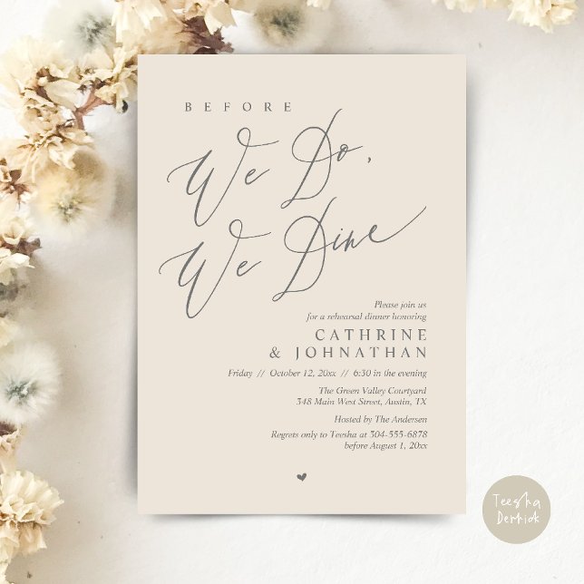 Invitation Avant de dîner, on dîne, Dîner de répétition Maria (Before we do, we dine, Modern Wedding Rehearsal Romantic Dinner Invitation Card PDF Cream Grey)