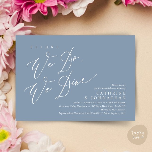 Invitation Avant de dîner, on dîne, Dîner de répétition Maria (Before we do, we dine, Modern Wedding Rehearsal Romantic Dinner Invitation Card PDF Dusty Blue)