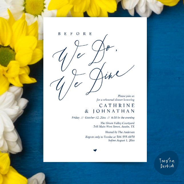 Invitation Avant de dîner, on dîne, Dîner de répétition Maria (Before we do, we dine, Modern Wedding Rehearsal Romantic Dinner Invitation Card PDF Navy Blue)
