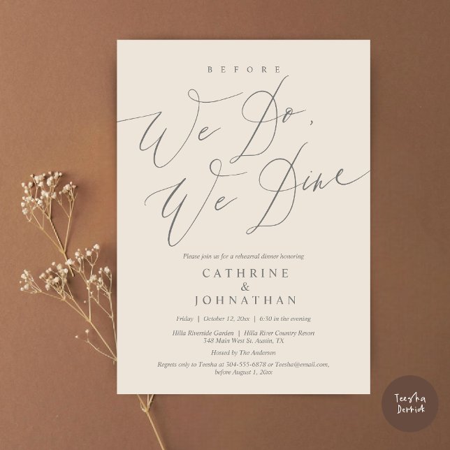 Invitation Avant de dîner, on dîne, Dîner de répétition Maria (Before we do, we dine, modern romantic wedding rehearsal dinner invitation card, pdf, in Cream grey)