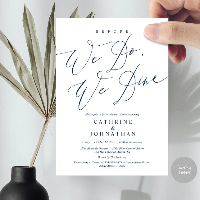 Invitation Avant de dîner, on dîne, Dîner de répétition Maria (Before we do, we dine, modern romantic wedding rehearsal dinner invitation card, pdf, in navy blue)