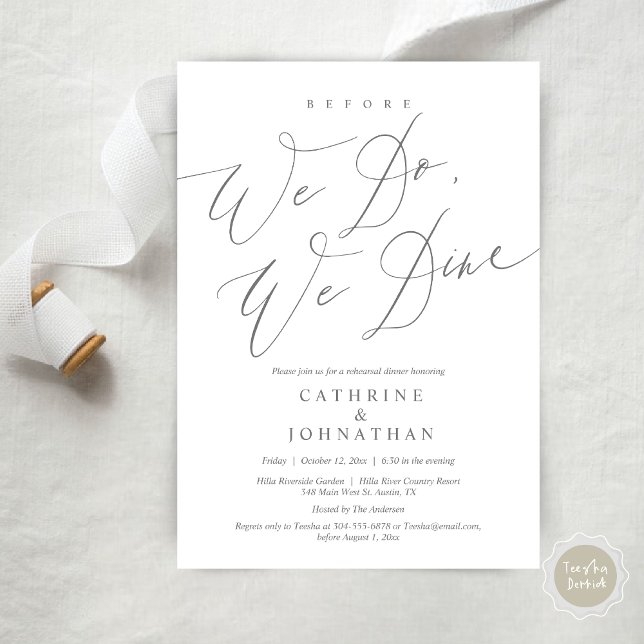 Invitation Avant de dîner, on dîne, Dîner de répétition Maria (Before we do, we dine, modern romantic wedding rehearsal dinner invitation card, pdf, in dark grey)