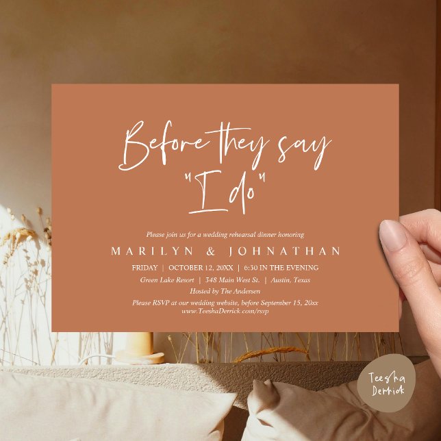 Invitation Avant De Dire "Je Le Fais", Dîner De Répétition Ma (Before They Say "I Do", Wedding Rehearsal Dinner Party Invitation Card, PDF, Copper Brown)