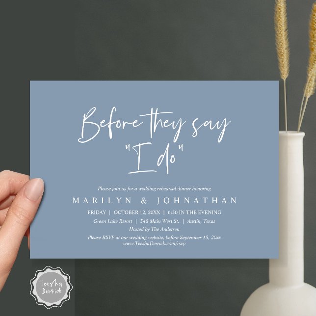 Invitation Avant De Dire "Je Le Fais", Dîner De Répétition Ma (Before They Say "I Do", Wedding Rehearsal Dinner Party Invitation Card, PDF, Dusty Blue)