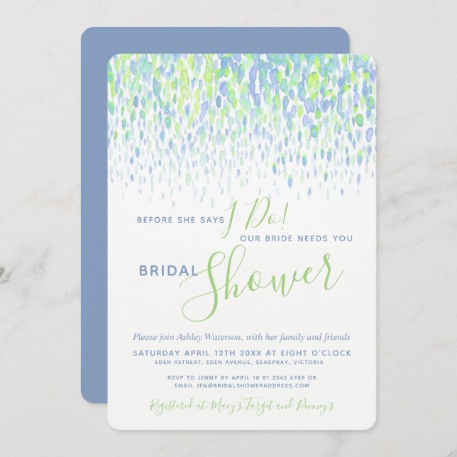 Invitation Avant de faire douche nuptiale couleur verte bleue (Devant / Derrière)