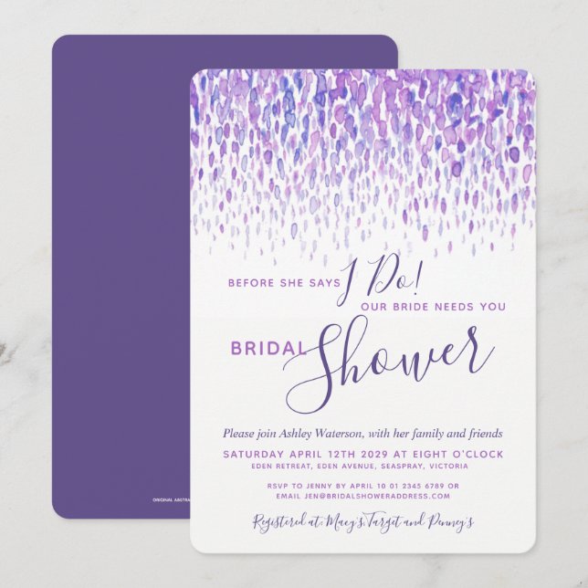 Invitation Avant de faire nuptiale douche eau violet art (Devant / Derrière)