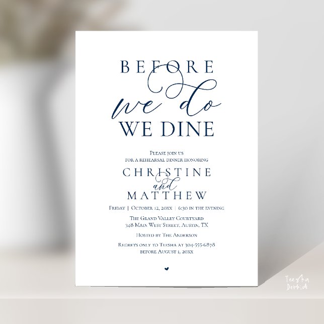 Invitation Avant de le faire, nous dînons, Dîner de répétitio (Before we do, we dine, Classy Rehearsal Dinner Invitation card in Navy Blue)