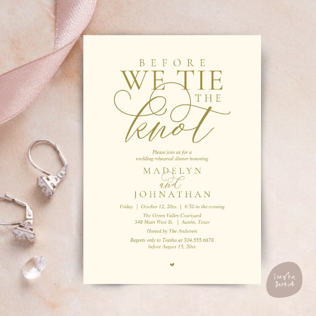 Invitation "Avant de nous marier", Dîner de répétition de mar ("Before we tie the knot", Modern Romantic Wedding Rehearsal Dinner Invites Card in Yellow Gold)