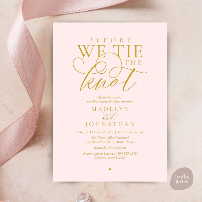 Invitation "Avant de nous marier", Dîner de répétition de mar ("Before we tie the knot", Modern Romantic Wedding Rehearsal Dinner Invites Card in Yellow Gold Blush)