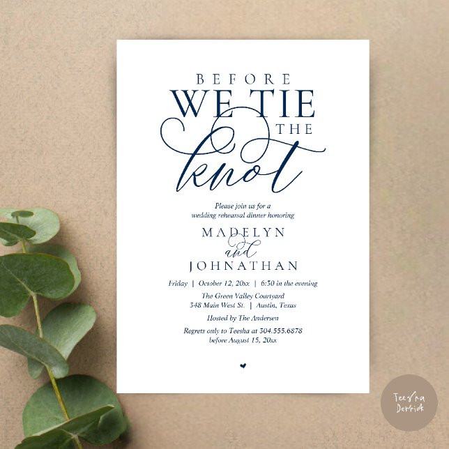 Invitation "Avant de nous marier", Dîner de répétition de mar ("Before we tie the knot", Modern Romantic Wedding Rehearsal Dinner Invites Card in Navy Blue)