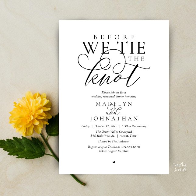 Invitation "Avant de nous passer la bague au doigt", Dîner de ("Before we tie the knot", Modern Romantic Wedding Rehearsal Dinner Invites Card in black and white)