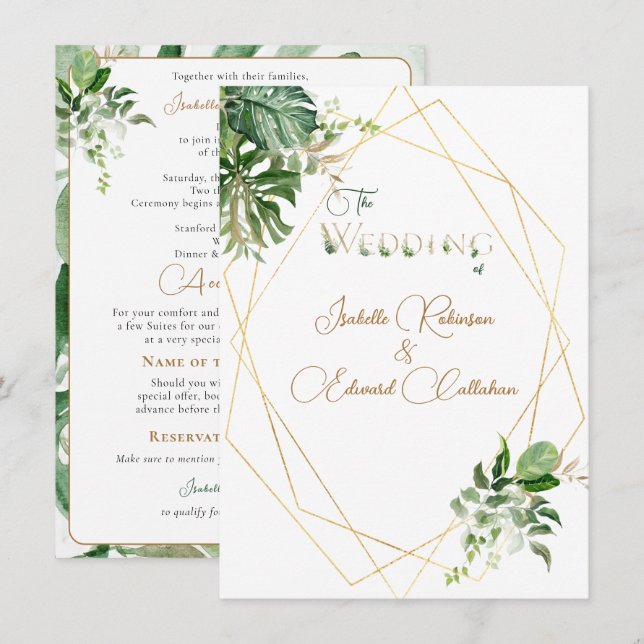 Invitation Avant et arrière feuilles tropicales vertes géomét (Devant / Derrière)
