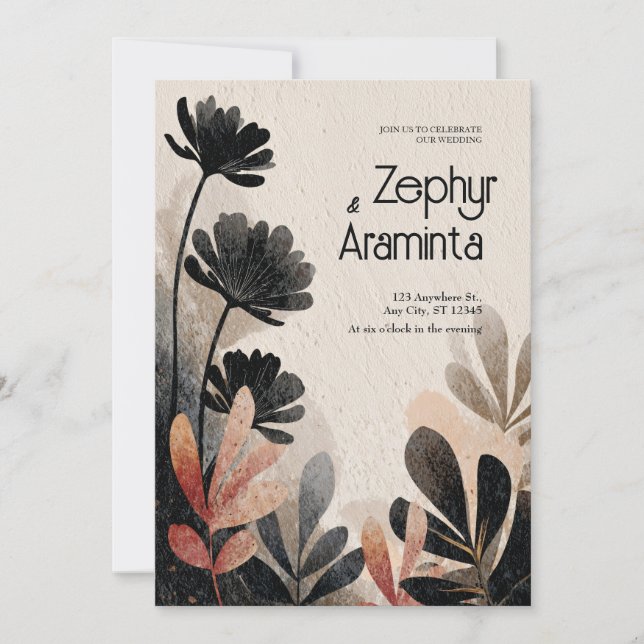 Invitation Avant Garde Fleur Noire Abstraite Mariage d'Automn (Devant)