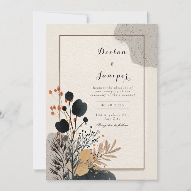 Invitation Avant Garde Noir Floral Cadre Doré Mariage (Devant)