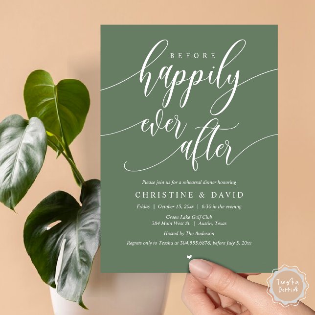 Invitation Avant Heureusement Après, Dîner De Répétition (Before Happily Ever After, Modern Wedding Rehearsal Dinner Invitation Card, PDF, in Sage Green)