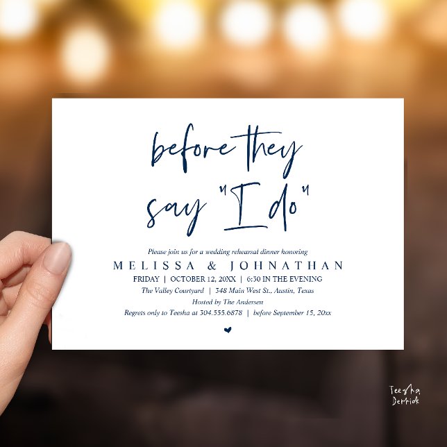 Invitation Avant qu'ils ne disent "oui", dîner de répétition  (Before They Say "I Do", Modern Wedding Rehearsal Dinner Invitation Card in navy blue)