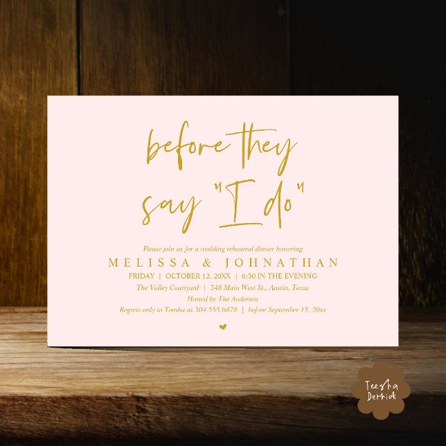 Invitation Avant qu'ils ne disent "oui", dîner de répétition  (Before They Say "I Do", Modern Wedding Rehearsal Dinner Invitation Card in Blush and gold)