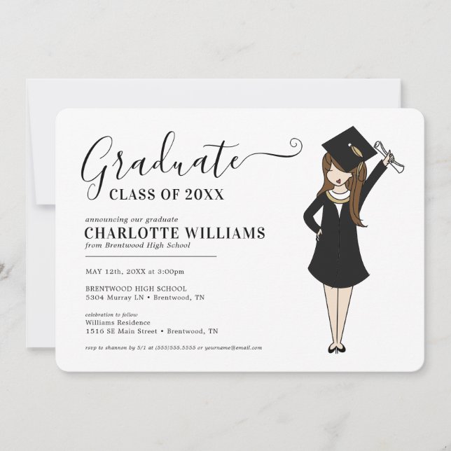 Invitation Avatar fille personnalisable | Diplôme d'études se (Devant)