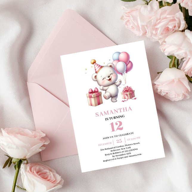 Invitation avec ballon en forme d'ours en peluche  (Pink Gold Girl Birthday Teddy Bear Balloon Invite)