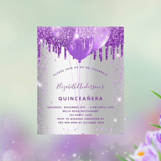 Invitation avec ballons argent violet pour Quincea (Créateur téléchargé)