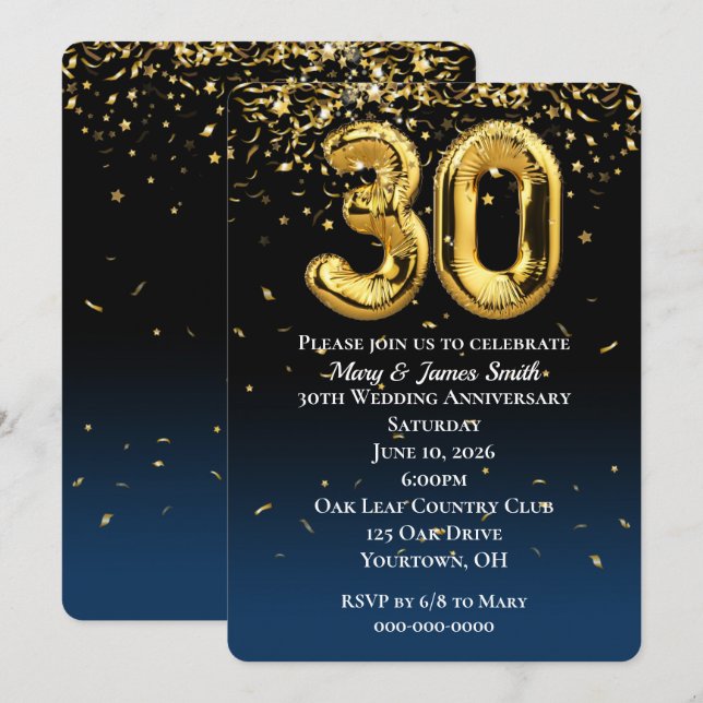 Invitation avec ballons en or et confettis pour 30 (Devant / Derrière)