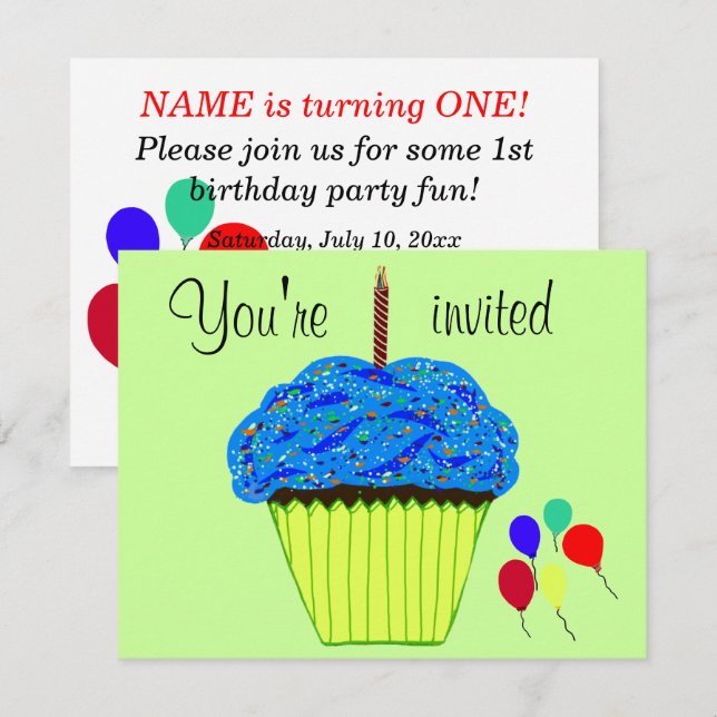 Invitation avec ballons et gâteau d'anniversaire b (Devant / Derrière)