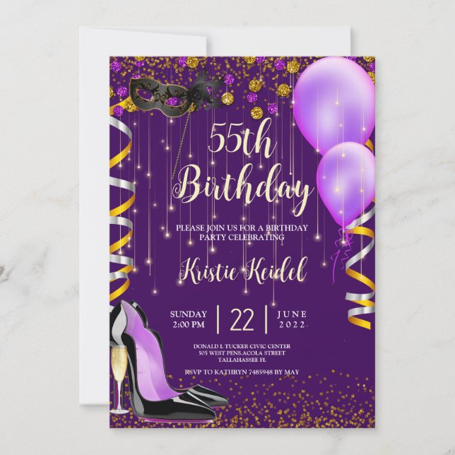 Invitation avec ballons violets et champagne (Devant)