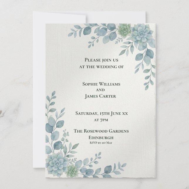 Invitation avec bordure latérale botanique bleue (Devant)