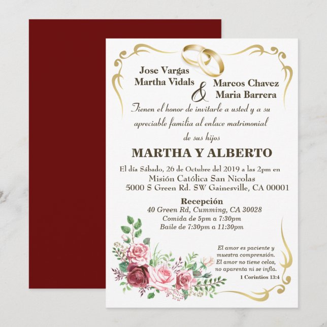Invitation avec cadre doré moderne floral burgundy (Devant / Derrière)