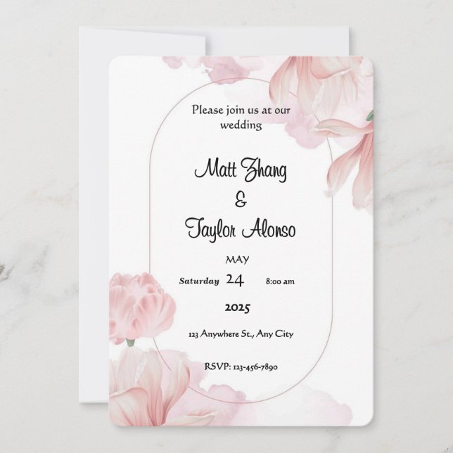 Invitation avec cadre floral rose pâle (Devant)